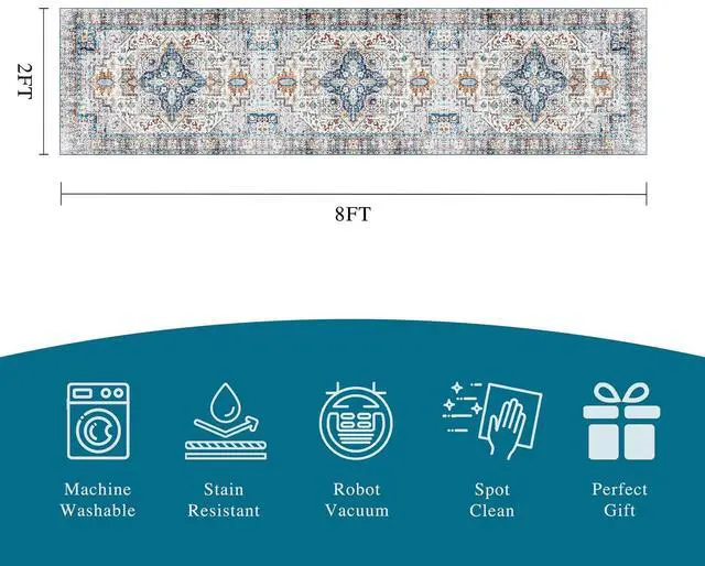 Alt view image 3 of 7 - 2x8 Hallway Runner Rug Washable : Vintage Soft Kitchen Laundry Runner Non Slip,Farmhouse Entryway Bathroom Distressed Floor Mat,Stain Resistant Bedroom Living Room Beside Carpet