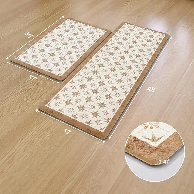 Alt view image 2 of 7 - Anti Fatigue Mats for Kitchen Floor Set of 2 Non Slip Waterproof Farmhouse Padded Kitchen Mats for Laundry Desk Bar Khaki 17"X30"+17"X48"