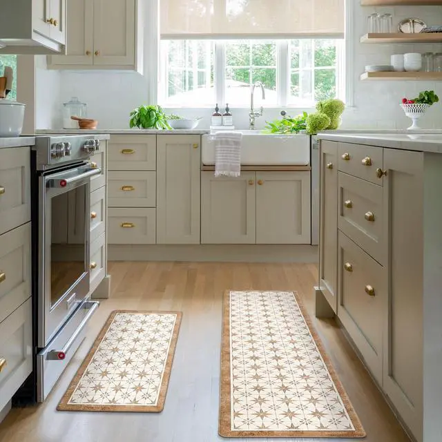 Alt view image 3 of 7 - Anti Fatigue Mats for Kitchen Floor Set of 2 Non Slip Waterproof Farmhouse Padded Kitchen Mats for Laundry Desk Bar Khaki 17"X30"+17"X48"