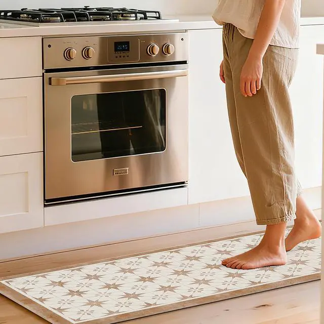 Alt view image 4 of 7 - Anti Fatigue Mats for Kitchen Floor Set of 2 Non Slip Waterproof Farmhouse Padded Kitchen Mats for Laundry Desk Bar Khaki 17"X30"+17"X48"