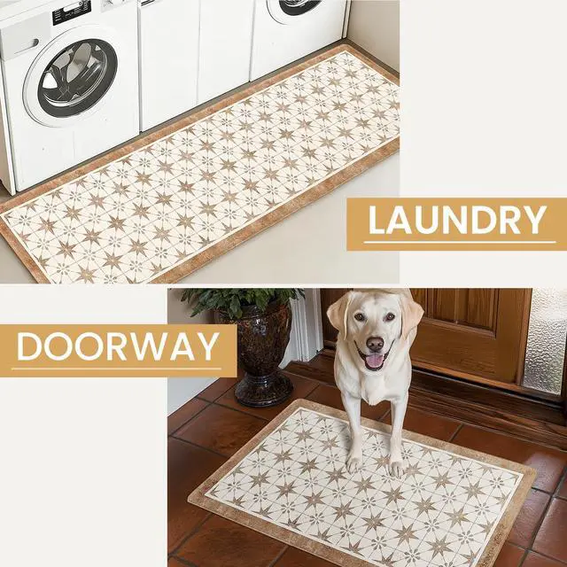 Alt view image 5 of 7 - Anti Fatigue Mats for Kitchen Floor Set of 2 Non Slip Waterproof Farmhouse Padded Kitchen Mats for Laundry Desk Bar Khaki 17"X30"+17"X48"