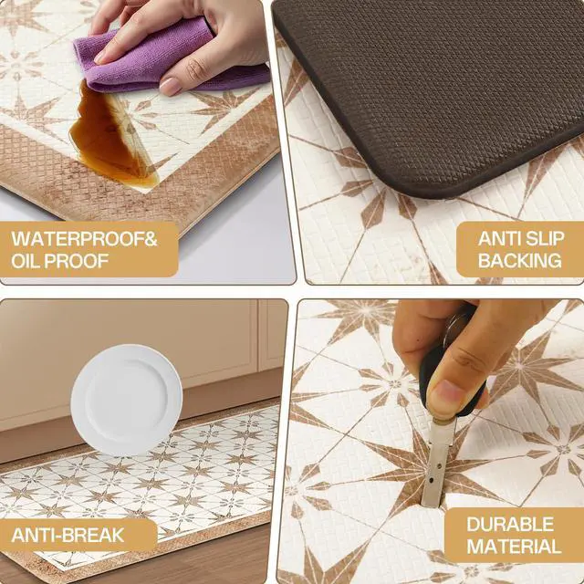 Alt view image 6 of 7 - Anti Fatigue Mats for Kitchen Floor Set of 2 Non Slip Waterproof Farmhouse Padded Kitchen Mats for Laundry Desk Bar Khaki 17"X30"+17"X48"