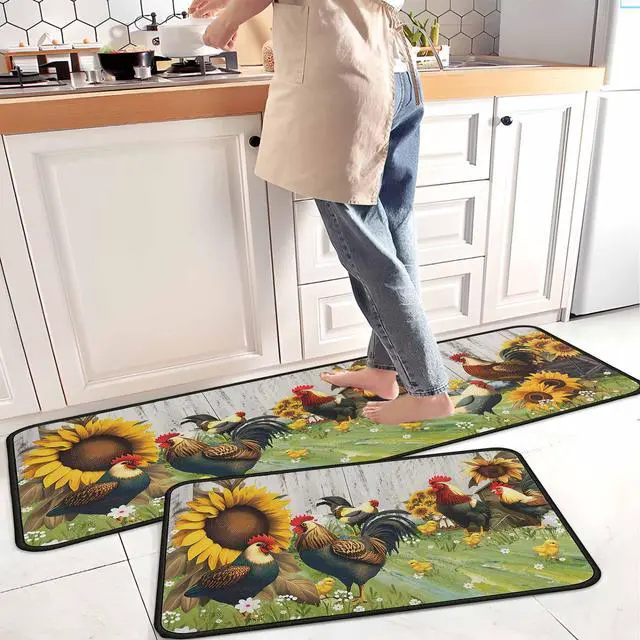 Main image of Farmhouse Rooster Sunflower Kitchen Rugs Set of 2, Vintage White Wood Plank Water Absorbent Non Slip Kitchen Floor Mats, Country Farm Runner Rug for Sink Laundry Room Decor, 17"x30"+17"x47"