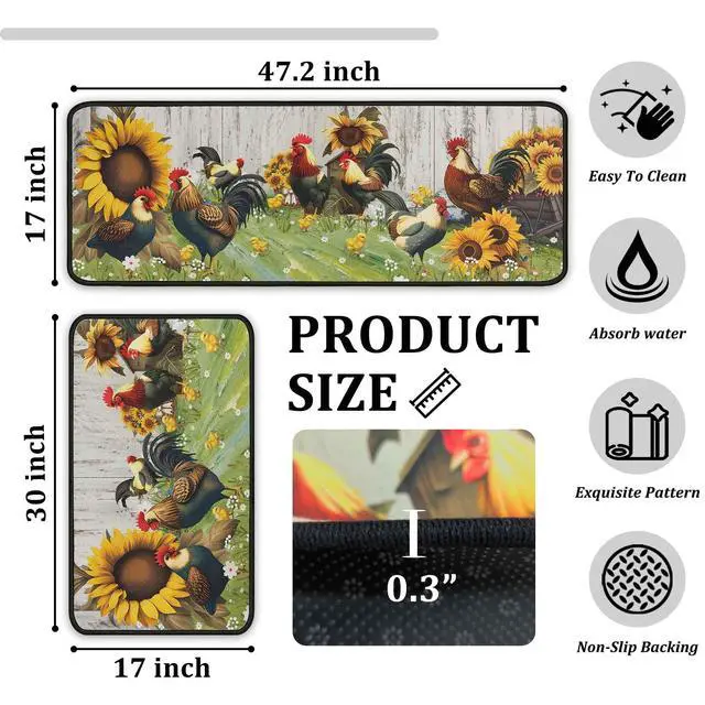 Alt view image 2 of 7 - Farmhouse Rooster Sunflower Kitchen Rugs Set of 2, Vintage White Wood Plank Water Absorbent Non Slip Kitchen Floor Mats, Country Farm Runner Rug for Sink Laundry Room Decor, 17"x30"+17"x47"