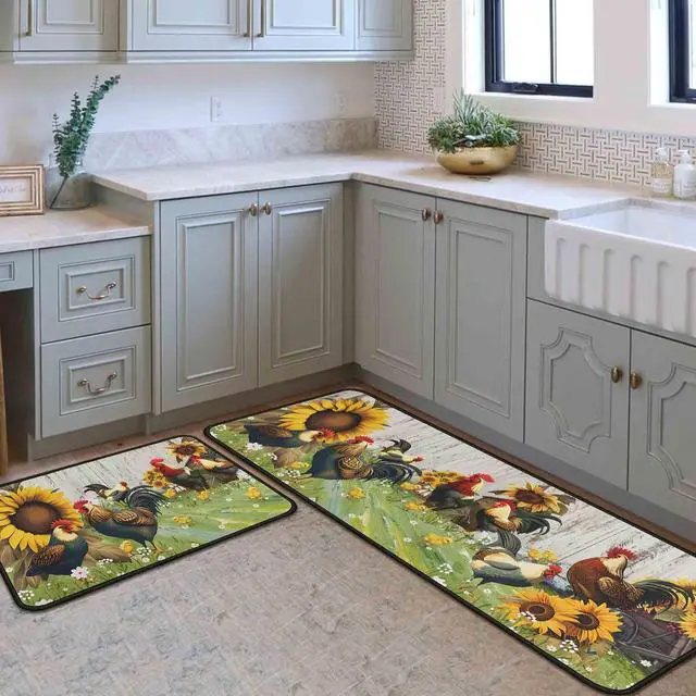 Alt view image 3 of 7 - Farmhouse Rooster Sunflower Kitchen Rugs Set of 2, Vintage White Wood Plank Water Absorbent Non Slip Kitchen Floor Mats, Country Farm Runner Rug for Sink Laundry Room Decor, 17"x30"+17"x47"