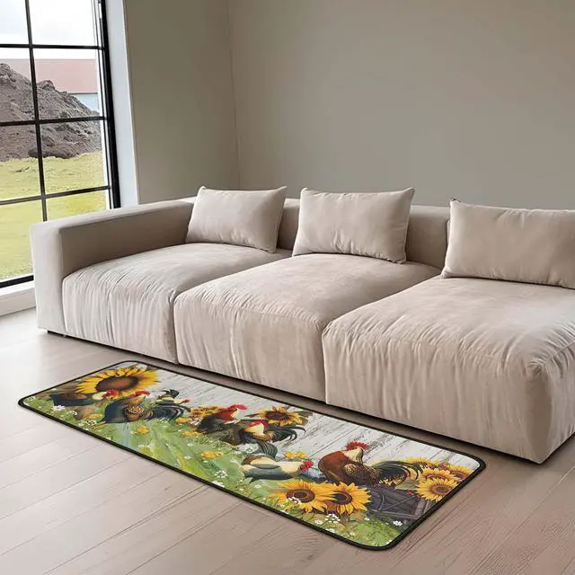 Alt view image 4 of 7 - Farmhouse Rooster Sunflower Kitchen Rugs Set of 2, Vintage White Wood Plank Water Absorbent Non Slip Kitchen Floor Mats, Country Farm Runner Rug for Sink Laundry Room Decor, 17"x30"+17"x47"