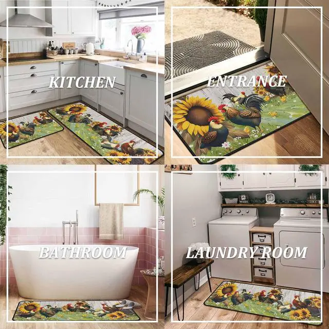 Alt view image 5 of 7 - Farmhouse Rooster Sunflower Kitchen Rugs Set of 2, Vintage White Wood Plank Water Absorbent Non Slip Kitchen Floor Mats, Country Farm Runner Rug for Sink Laundry Room Decor, 17"x30"+17"x47"