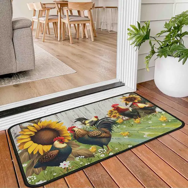 Alt view image 7 of 7 - Farmhouse Rooster Sunflower Kitchen Rugs Set of 2, Vintage White Wood Plank Water Absorbent Non Slip Kitchen Floor Mats, Country Farm Runner Rug for Sink Laundry Room Decor, 17"x30"+17"x47"
