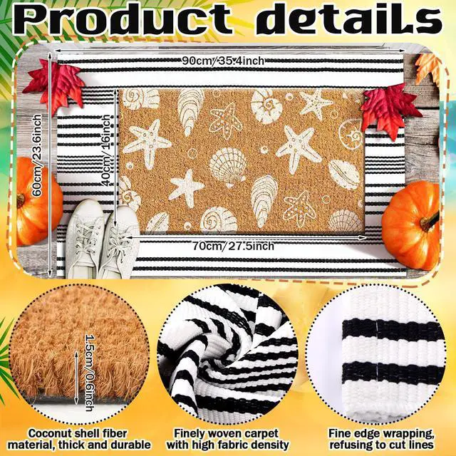 Alt view image 2 of 7 - 2 Pcs Beach Door Mats Outdoor 16'' x 28'' Coastal Seashell Starfish Doormat 24'' x 35'' Non Slip Nautical Black White Stripe Outdoor Rug for Entrance Indoor Entryway Beach Lake House Decor