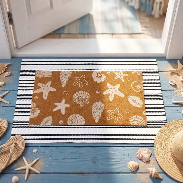 Alt view image 4 of 7 - 2 Pcs Beach Door Mats Outdoor 16'' x 28'' Coastal Seashell Starfish Doormat 24'' x 35'' Non Slip Nautical Black White Stripe Outdoor Rug for Entrance Indoor Entryway Beach Lake House Decor