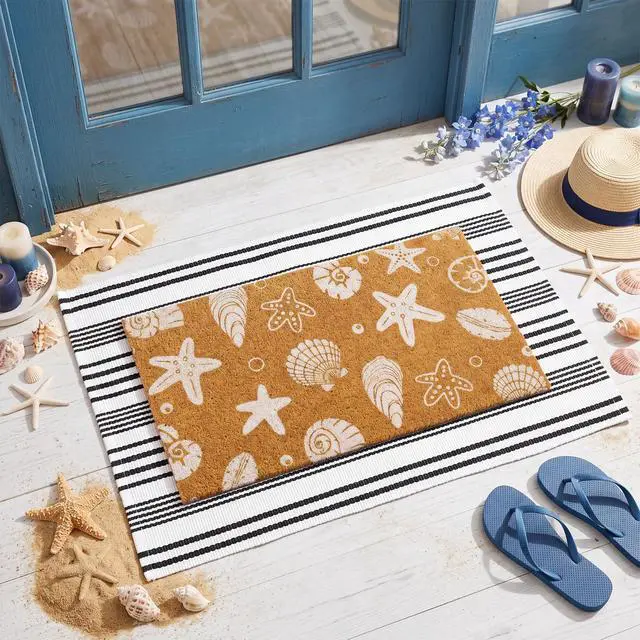 Alt view image 3 of 7 - 2 Pcs Beach Door Mats Outdoor 16'' x 28'' Coastal Seashell Starfish Doormat 24'' x 35'' Non Slip Nautical Black White Stripe Outdoor Rug for Entrance Indoor Entryway Beach Lake House Decor
