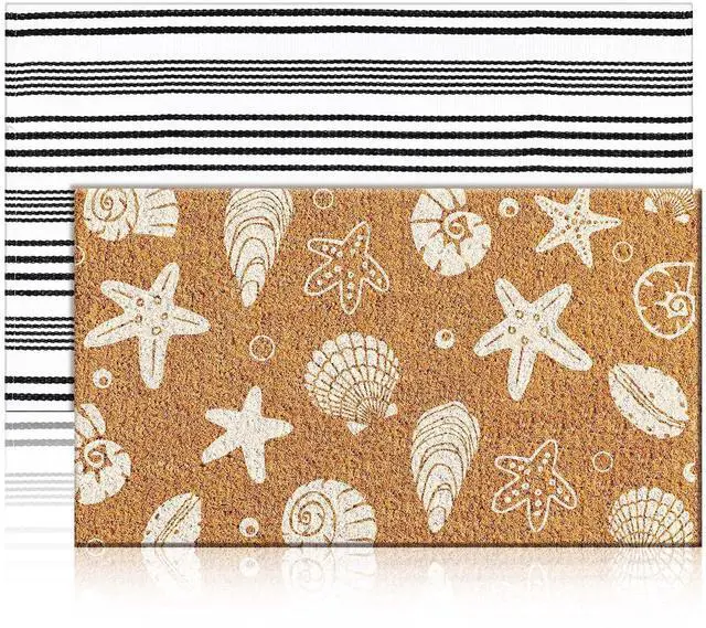 Main image of 2 Pcs Beach Door Mats Outdoor 16'' x 28'' Coastal Seashell Starfish Doormat 24'' x 35'' Non Slip Nautical Black White Stripe Outdoor Rug for Entrance Indoor Entryway Beach Lake House Decor