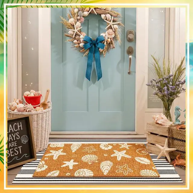 Alt view image 6 of 7 - 2 Pcs Beach Door Mats Outdoor 16'' x 28'' Coastal Seashell Starfish Doormat 24'' x 35'' Non Slip Nautical Black White Stripe Outdoor Rug for Entrance Indoor Entryway Beach Lake House Decor