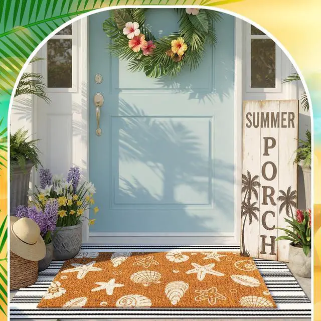 Alt view image 7 of 7 - 2 Pcs Beach Door Mats Outdoor 16'' x 28'' Coastal Seashell Starfish Doormat 24'' x 35'' Non Slip Nautical Black White Stripe Outdoor Rug for Entrance Indoor Entryway Beach Lake House Decor
