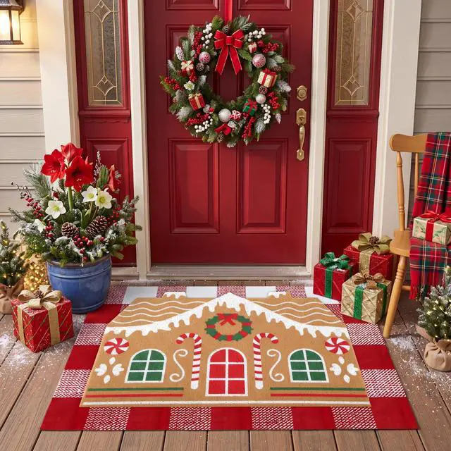 Main image of 2 Pcs Door Mat Welcome Non Slip Coir Mats Floor Layering Doormats Seasonal for Front Porch Entryway Decor(Gingerbread House)
