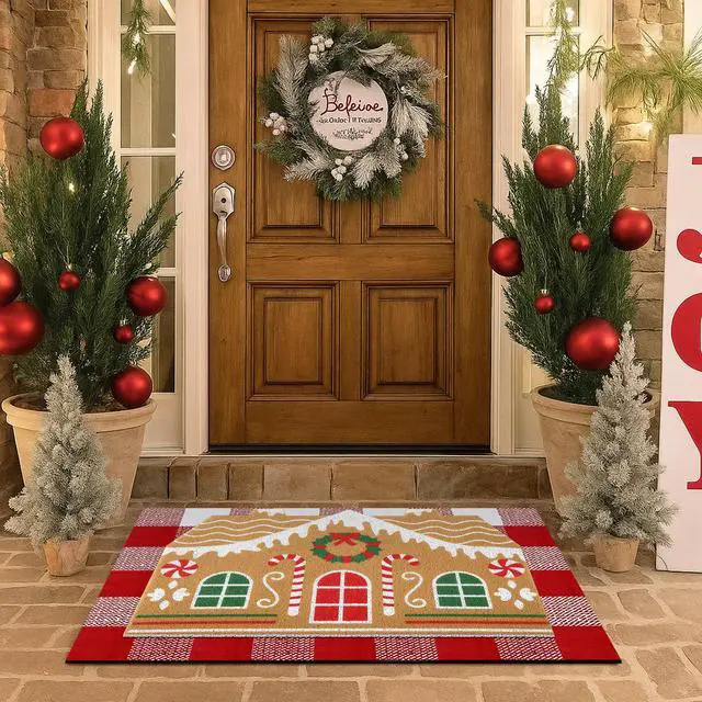 Alt view image 2 of 7 - 2 Pcs Door Mat Welcome Non Slip Coir Mats Floor Layering Doormats Seasonal for Front Porch Entryway Decor(Gingerbread House)