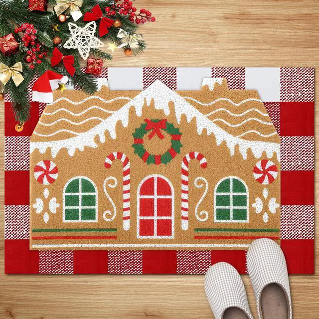 Alt view image 6 of 7 - 2 Pcs Door Mat Welcome Non Slip Coir Mats Floor Layering Doormats Seasonal for Front Porch Entryway Decor(Gingerbread House)