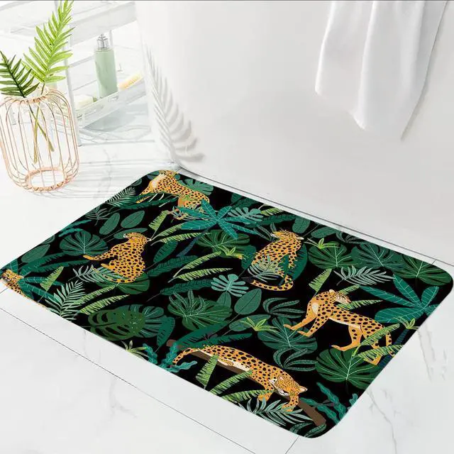 Alt view image 4 of 7 - Print Microfiber Memory Foam,Leopard Green Plam Banana Leaf Asian African Wild Animal Creative Modern Watercolor Abstract Soft Home Office Door Bathroom Mat/Bath Rugs,17.7"X29.5"