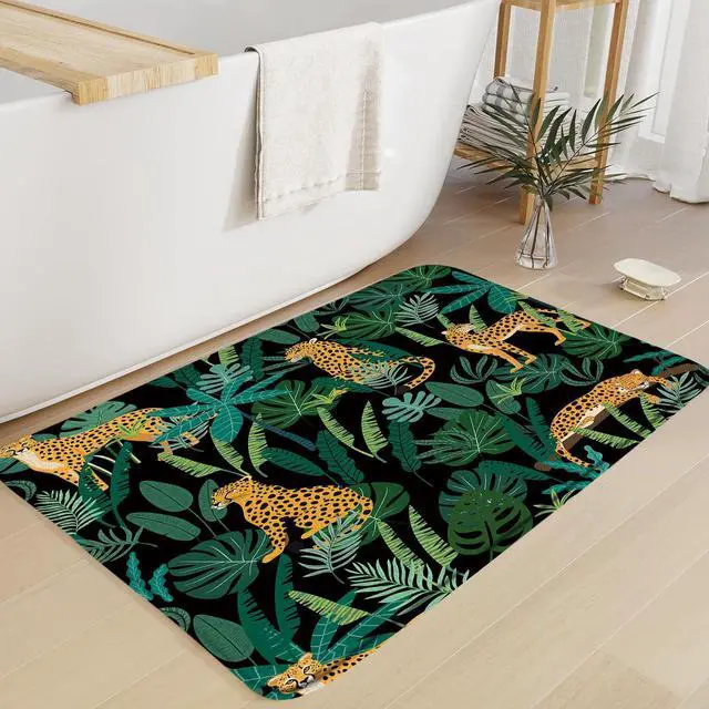 Alt view image 3 of 7 - Print Microfiber Memory Foam,Leopard Green Plam Banana Leaf Asian African Wild Animal Creative Modern Watercolor Abstract Soft Home Office Door Bathroom Mat/Bath Rugs,17.7"X29.5"