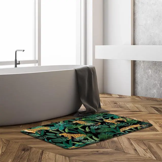 Alt view image 5 of 7 - Print Microfiber Memory Foam,Leopard Green Plam Banana Leaf Asian African Wild Animal Creative Modern Watercolor Abstract Soft Home Office Door Bathroom Mat/Bath Rugs,17.7"X29.5"