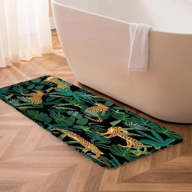 Alt view image 6 of 7 - Print Microfiber Memory Foam,Leopard Green Plam Banana Leaf Asian African Wild Animal Creative Modern Watercolor Abstract Soft Home Office Door Bathroom Mat/Bath Rugs,17.7"X29.5"