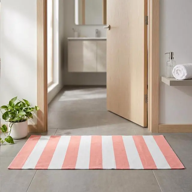 Alt view image 2 of 7 - Pink and White Striped Outdoor Rug 24"x51", Cotton Woven Front Door Mat, Machine Washable Layered Porch Rug, Farmhouse Indoor Entryway Small Area Rug for Welcome Mat Decor