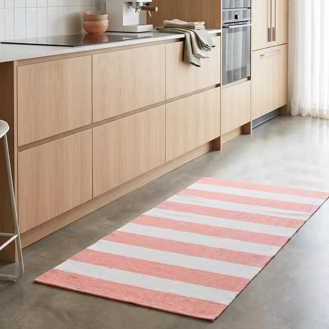 Alt view image 3 of 7 - Pink and White Striped Outdoor Rug 24"x51", Cotton Woven Front Door Mat, Machine Washable Layered Porch Rug, Farmhouse Indoor Entryway Small Area Rug for Welcome Mat Decor