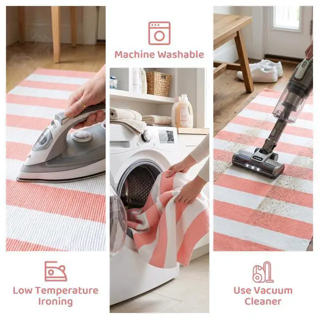Alt view image 6 of 7 - Pink and White Striped Outdoor Rug 24"x51", Cotton Woven Front Door Mat, Machine Washable Layered Porch Rug, Farmhouse Indoor Entryway Small Area Rug for Welcome Mat Decor