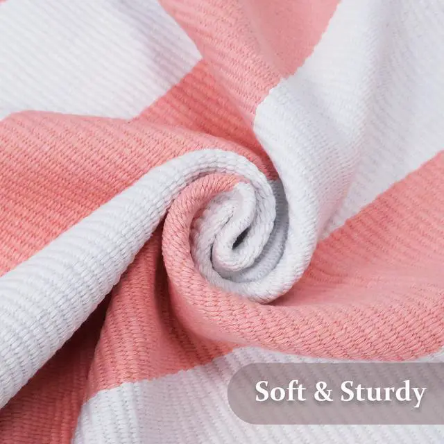 Alt view image 5 of 7 - Pink and White Striped Outdoor Rug 24"x51", Cotton Woven Front Door Mat, Machine Washable Layered Porch Rug, Farmhouse Indoor Entryway Small Area Rug for Welcome Mat Decor