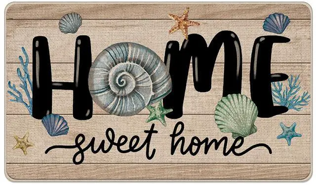 Main image of Home Sweet Home Beach Front Door Mat, Coastal Conch Shell Starfish Decorative Doormat Non-Slip Floor Entryway Rug, Farmhouse Nautical Low Profile Indoor Outdoor Kitchen Decoration 17x29 Inches