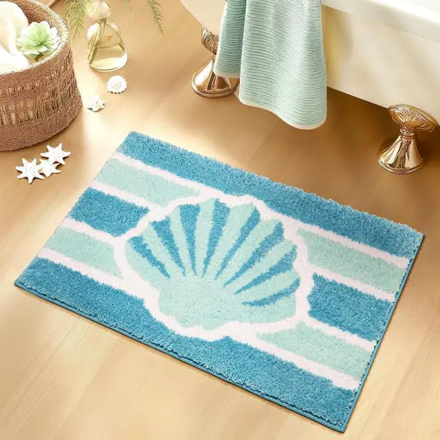 Main image of Light Blue Beach Bathroom Rugs Non Slip Washable Small Cute Coastal Bath Mats Rugs for Bathroom Floor Nautical Fluffy Plush Soft Absorbent Farmhouse Carpet for Shower, Tub 16 * 24in