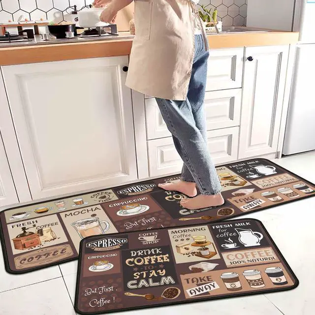 Main image of Vintage Coffee Themed Kitchen Rugs Set of 2, Coffee Cup Bean Quote Water Absorbent Non Slip Kitchen Floor Mats, Cafe Farmhouse Runner Rug for Sink Laundry Room Decor, 17"x30"+17"x47"