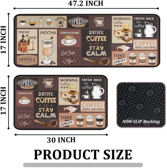 Alt view image 2 of 7 - Vintage Coffee Themed Kitchen Rugs Set of 2, Coffee Cup Bean Quote Water Absorbent Non Slip Kitchen Floor Mats, Cafe Farmhouse Runner Rug for Sink Laundry Room Decor, 17"x30"+17"x47"