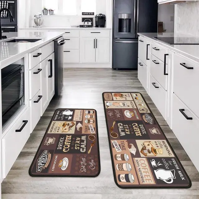Alt view image 4 of 7 - Vintage Coffee Themed Kitchen Rugs Set of 2, Coffee Cup Bean Quote Water Absorbent Non Slip Kitchen Floor Mats, Cafe Farmhouse Runner Rug for Sink Laundry Room Decor, 17"x30"+17"x47"