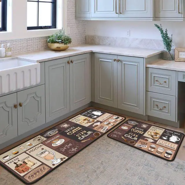 Alt view image 3 of 7 - Vintage Coffee Themed Kitchen Rugs Set of 2, Coffee Cup Bean Quote Water Absorbent Non Slip Kitchen Floor Mats, Cafe Farmhouse Runner Rug for Sink Laundry Room Decor, 17"x30"+17"x47"