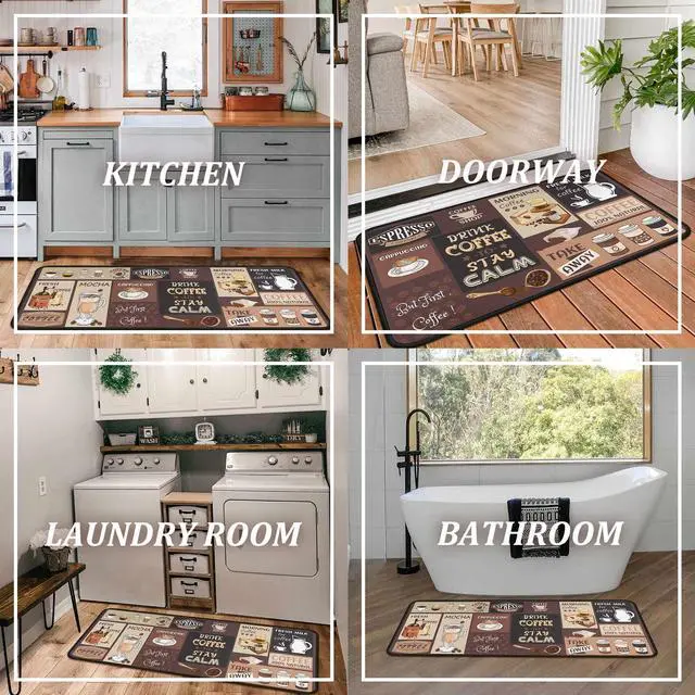 Alt view image 5 of 7 - Vintage Coffee Themed Kitchen Rugs Set of 2, Coffee Cup Bean Quote Water Absorbent Non Slip Kitchen Floor Mats, Cafe Farmhouse Runner Rug for Sink Laundry Room Decor, 17"x30"+17"x47"