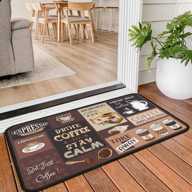 Alt view image 7 of 7 - Vintage Coffee Themed Kitchen Rugs Set of 2, Coffee Cup Bean Quote Water Absorbent Non Slip Kitchen Floor Mats, Cafe Farmhouse Runner Rug for Sink Laundry Room Decor, 17"x30"+17"x47"