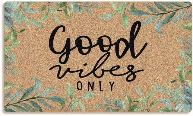 Main image of Funny Good Vibes Only Faux Coco Coir Doormat Door Mat for Home House Entrance, Inspirational Farmhouse Cottagecore Botanical Floor Mats for Outdoor Outside Entryway 30x17 Welcome Mat