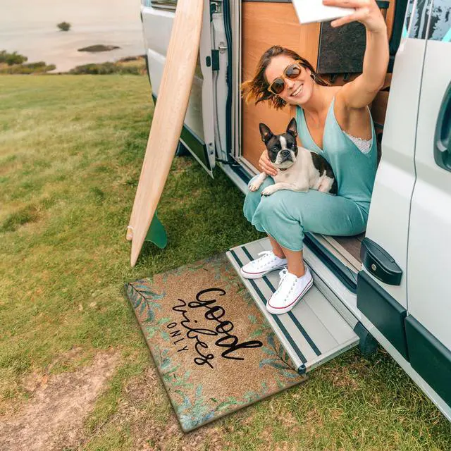 Alt view image 2 of 7 - Funny Good Vibes Only Faux Coco Coir Doormat Door Mat for Home House Entrance, Inspirational Farmhouse Cottagecore Botanical Floor Mats for Outdoor Outside Entryway 30x17 Welcome Mat