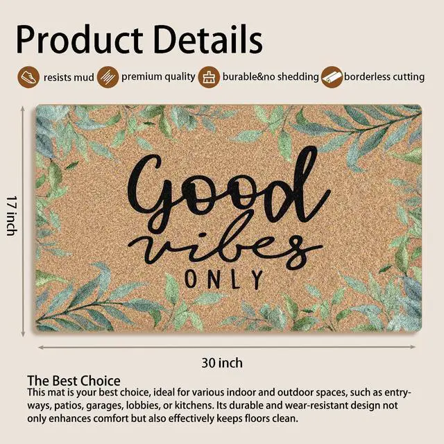 Alt view image 7 of 7 - Funny Good Vibes Only Faux Coco Coir Doormat Door Mat for Home House Entrance, Inspirational Farmhouse Cottagecore Botanical Floor Mats for Outdoor Outside Entryway 30x17 Welcome Mat