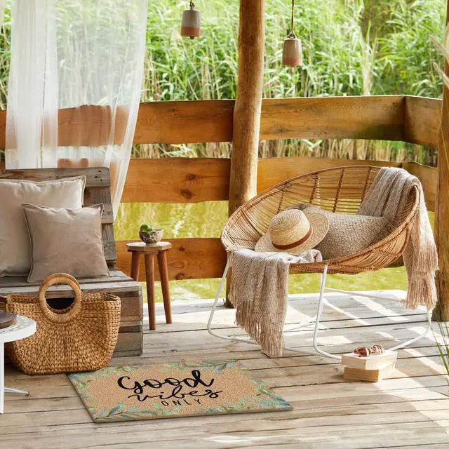 Alt view image 3 of 7 - Funny Good Vibes Only Faux Coco Coir Doormat Door Mat for Home House Entrance, Inspirational Farmhouse Cottagecore Botanical Floor Mats for Outdoor Outside Entryway 30x17 Welcome Mat