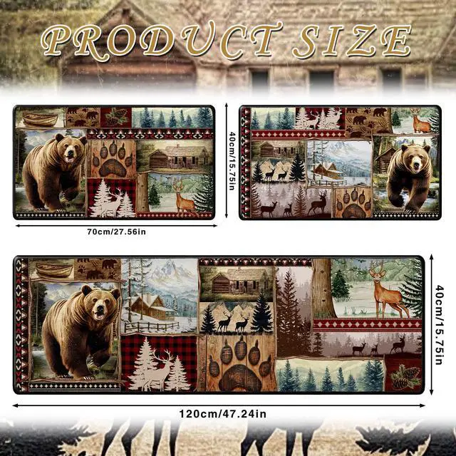 Alt view image 2 of 6 - Farmhouse Kitchen Rugs Sets of 3, Rustic Forest Bear Deer Kitchen Mats Non-Slip, Washable Rugs for Bathroom Entrance Bedroom Home Decor(16 X 28 + 16 X 47 Inches)