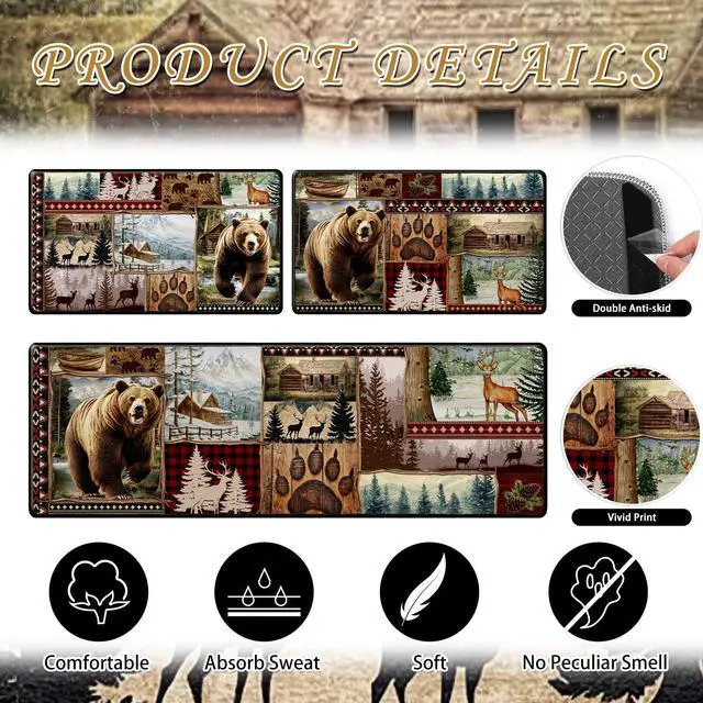 Alt view image 3 of 6 - Farmhouse Kitchen Rugs Sets of 3, Rustic Forest Bear Deer Kitchen Mats Non-Slip, Washable Rugs for Bathroom Entrance Bedroom Home Decor(16 X 28 + 16 X 47 Inches)