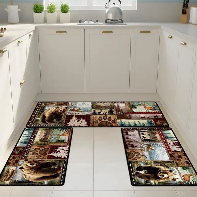 Alt view image 5 of 6 - Farmhouse Kitchen Rugs Sets of 3, Rustic Forest Bear Deer Kitchen Mats Non-Slip, Washable Rugs for Bathroom Entrance Bedroom Home Decor(16 X 28 + 16 X 47 Inches)