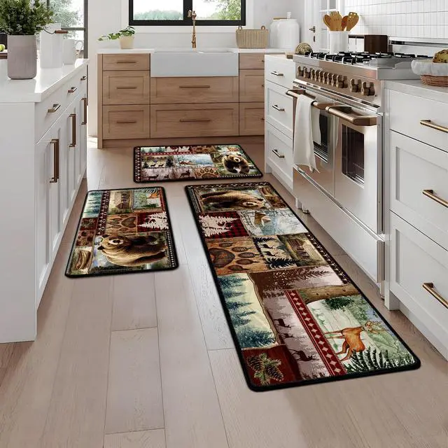 Alt view image 6 of 6 - Farmhouse Kitchen Rugs Sets of 3, Rustic Forest Bear Deer Kitchen Mats Non-Slip, Washable Rugs for Bathroom Entrance Bedroom Home Decor(16 X 28 + 16 X 47 Inches)