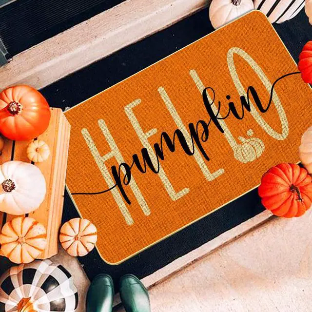Alt view image 2 of 7 - Hello Pumpkin Door Mat Welcome Decorative, Autumn Thanksiving Pumpkin Farmhouse Outdoor Indoor Patio Entrance Door Mats Low Profile Non Slip Outside Inside Floor Mat Rugs for Home Decor 29x 17Inch
