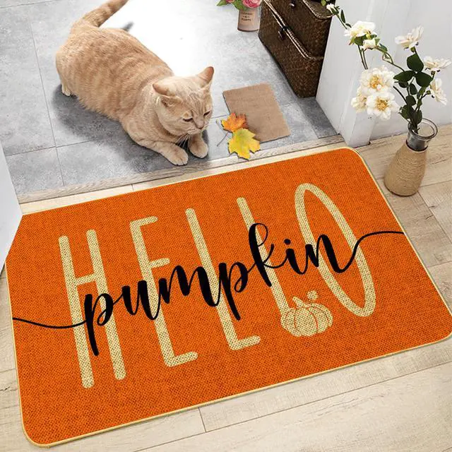 Alt view image 3 of 7 - Hello Pumpkin Door Mat Welcome Decorative, Autumn Thanksiving Pumpkin Farmhouse Outdoor Indoor Patio Entrance Door Mats Low Profile Non Slip Outside Inside Floor Mat Rugs for Home Decor 29x 17Inch