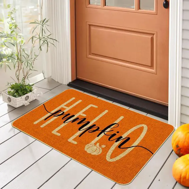 Main image of Hello Pumpkin Door Mat Welcome Decorative, Autumn Thanksiving Pumpkin Farmhouse Outdoor Indoor Patio Entrance Door Mats Low Profile Non Slip Outside Inside Floor Mat Rugs for Home Decor 29x 17Inch
