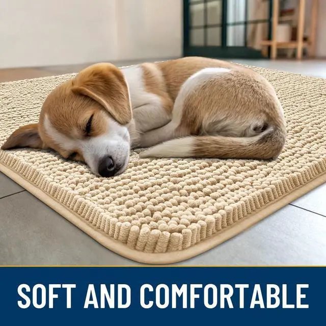 Alt view image 2 of 7 - Dog Door Mat for Muddy Paws 30x20, Absorbent Dirt Trapper, Non-Slip Washable Chenille Entryway Rug for Inside Floor, Beige, Classic Solid