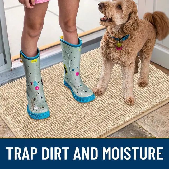 Alt view image 3 of 7 - Dog Door Mat for Muddy Paws 30x20, Absorbent Dirt Trapper, Non-Slip Washable Chenille Entryway Rug for Inside Floor, Beige, Classic Solid